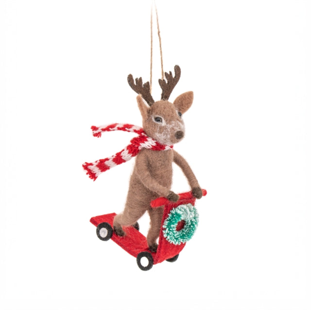 Reindeer on a Scooter Felt Decoration-5055259285697