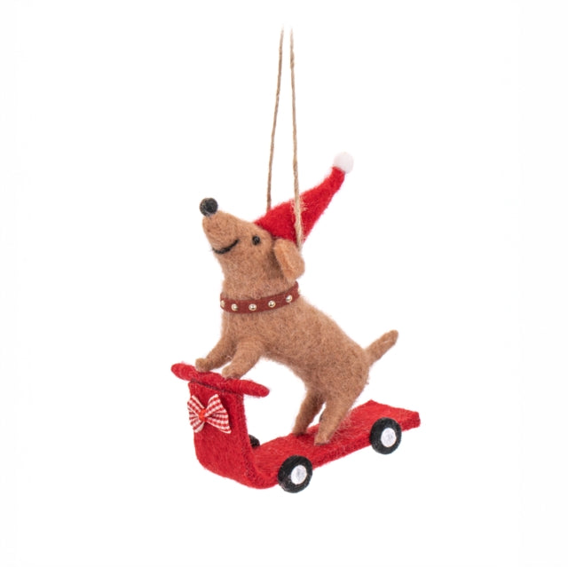 Santa Sausage Dog on a Scooter Felt Decoration-5055259285789